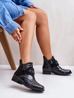 Lakierowane Botki Damskie Z Ozdobą Ocieplane S.Barski HY42-021 Czarne