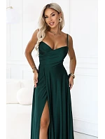 Dlouhé večerní šaty na ramínka s rozparkem na noze – zelená model 22293959 - numoco basic