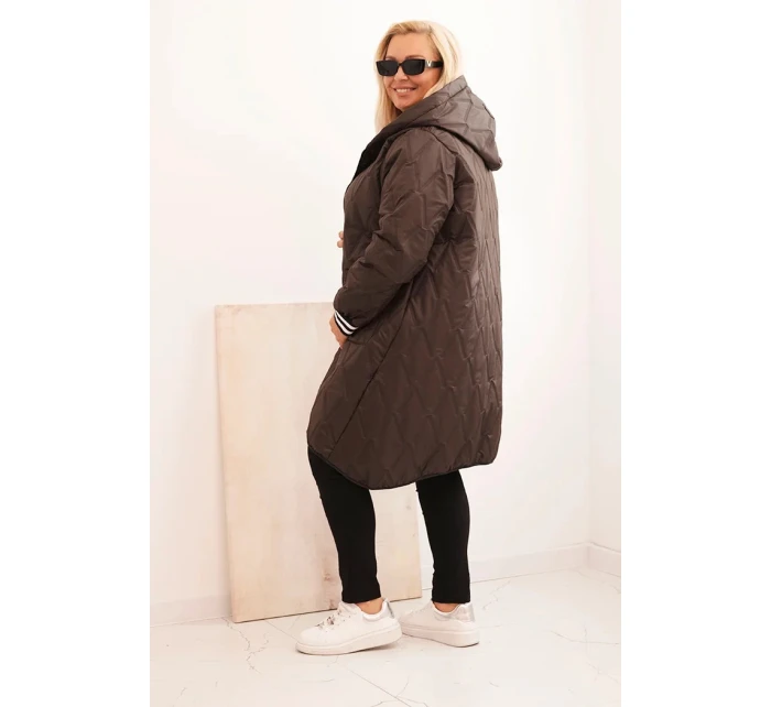 Dámska prešívaná bunda Plus Size s kapucňou a športovými manžetami Brown