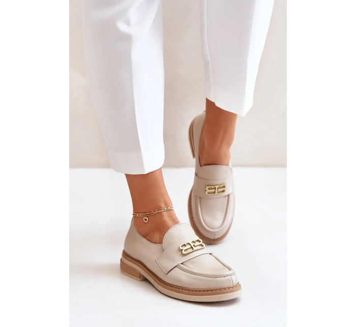 Zazoo 20174 Skórzane Eleganckie Półbuty Damskie Na Płaskim Obcasie Beżowe