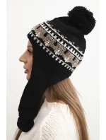 Dámska zimná vlnená čiapka s ušnými klapkami a bambuľkami K436 black + mocha Dámska zimná vlnená čiapka s ušnými klapkami a bambuľkami K436 black + mocha