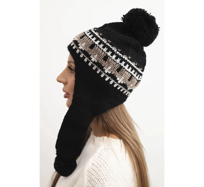 Dámska zimná vlnená čiapka s ušnými klapkami a bambuľkami K436 black + mocha Dámska zimná vlnená čiapka s ušnými klapkami a bambuľkami K436 black + mocha