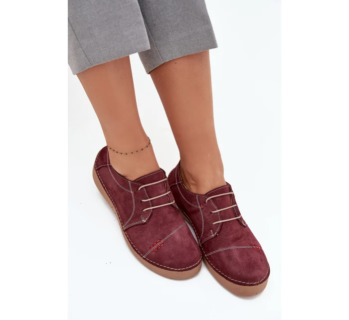 Skórzane Półbuty Damskie Z Przeszyciami Artiker 57C2111 Bordowe