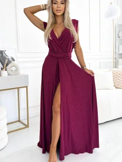 Elegantní dlouhé dámské šaty ve vínové bordó barvě s brokátem a se zavazováním model 20173914 - numoco