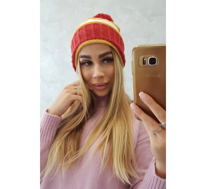 Dámska čiapka Kinga K297 red+mustard+ecru