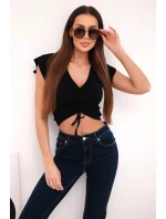 Dámska rebrovaná blúzka na ramienka s volánom čierna