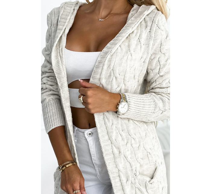 Dámsky sveter s kapucňou a vreckami - béžový