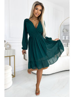 MILA - Zelené dámske šifónové midi šaty s dlhými rukávmi a výstrihom 538-2