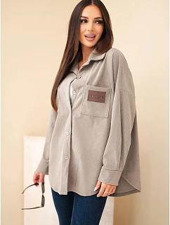 Dámska košeľa z bavlneného manšestru v oversized strihu s vreckami a dlhými rukávmi, farba fango zelená