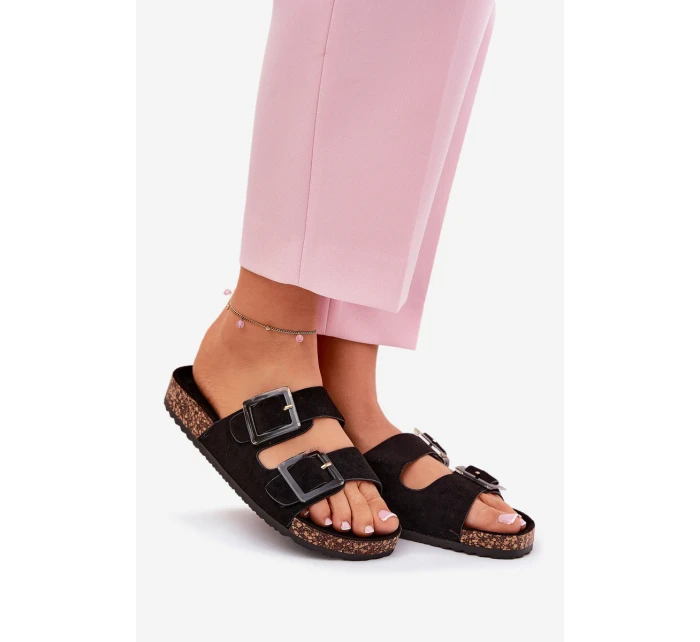 Klapki Damskie Z Klamrami Na Korkowej Podeszwie Czarne Sercele Klapki Damskie Z Klamrami Na Korkowej Podeszwie Czarne Sercele