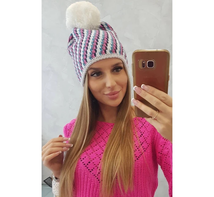 Dámska čiapka s brmbolcom Hanna K328 biela+džínsy