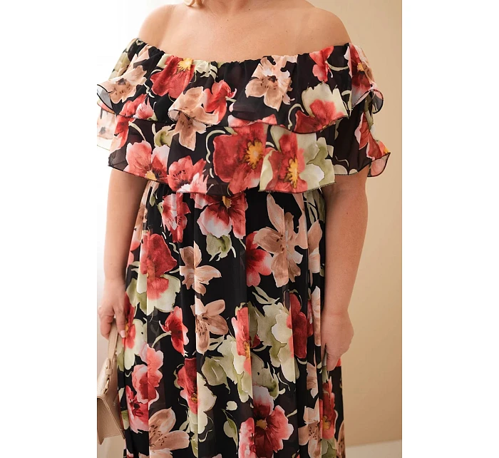 Dámske plus size maxi šaty so španielskym volánom a elastickým pásom čierne