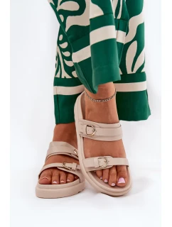 Klapki Damskie Na Platformie Ze Złotymi Klamrami Beżowe Wernone