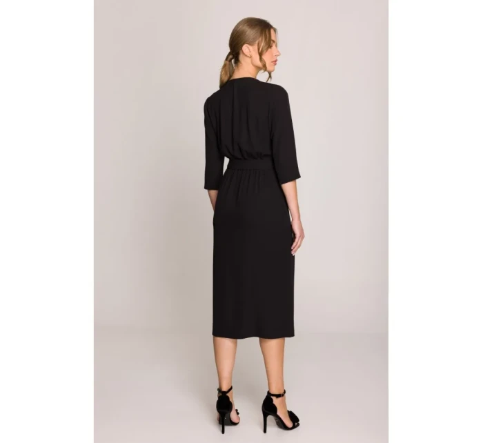 S396 Šaty v strednej dĺžke so zavinovacími detailmi - čierne