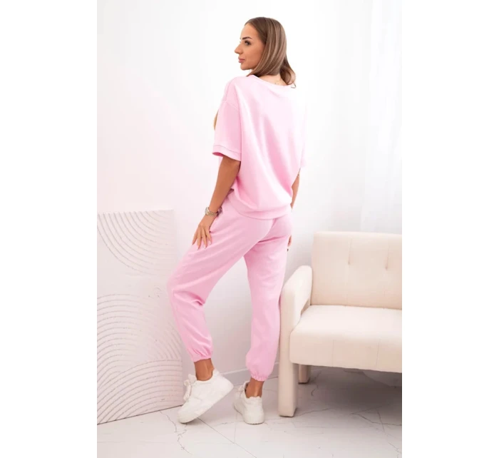 Dámsky viskózový set s krátkym rukávom a cukríkovo ružovými nohavicami