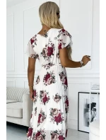434-8 LISA Plisované midi šaty s výstrihom a volánmi - ecru + bordové kvety