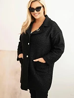 Dámský kabát Plus Size beránek s vlnou a kapsami černý