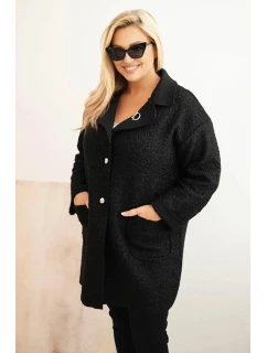 Dámský kabát Plus Size beránek s vlnou a kapsami černý