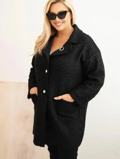 Dámský kabát Plus Size model 21393326 s vlnou a kapsami černý - K-Fashion