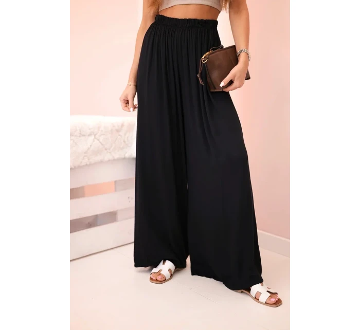 Dámske široké viskózové nohavice s elastickým pásom čierne