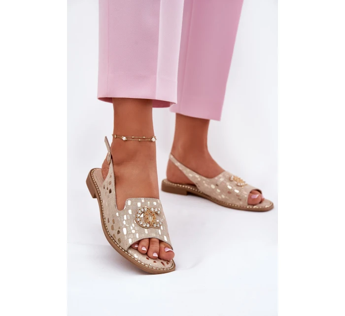 Kožené Sandály S Dekorací Na Plochém Podpatku model 21696779 Zlaté - S.Barski Kožené Sandály S Dekorací Na Plochém Podpatku model 21696779 Zlaté - S.Barski