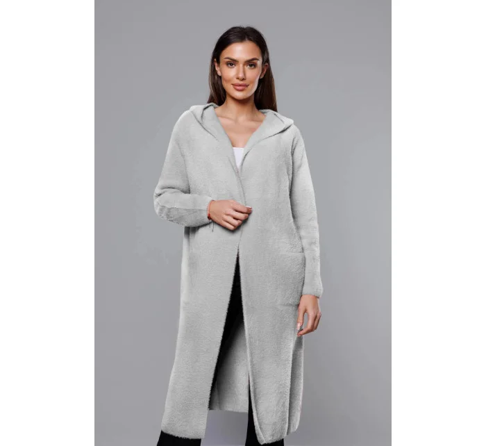 Svetlosivý dlhý vlnený prehoz cez oblečenie typu alpaka s kapucňou (M105-1)