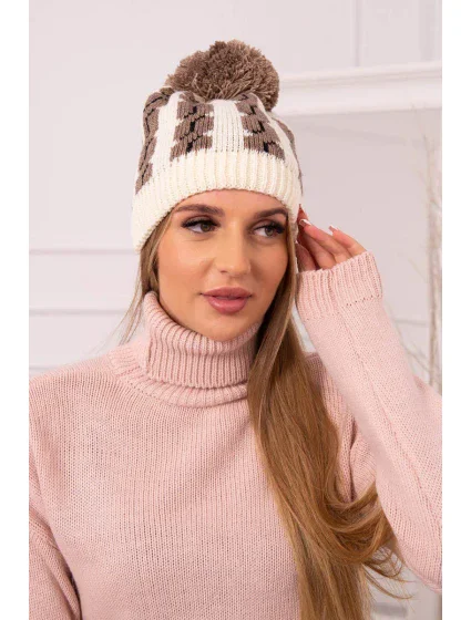 Dámska čiapka s brmbolcom Rozalia K323 mocca+ecru Dámska čiapka s brmbolcom Rozalia K323 mocca+ecru