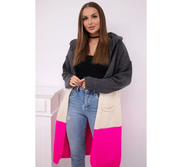 Pruhovaný sveter s kapucňou grafitová + béžová + neónovo ružová