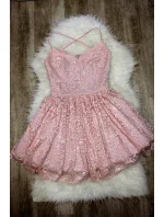 Společenské dámské šaty na ramínka krajkové s sukní růžové Růžová / L model 15042968 - Sherri