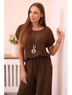 Viskózová súprava plisovaná blúzka + nohavice hnedá