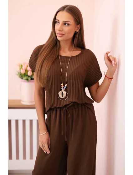 Viskózová súprava plisovaná blúzka + nohavice hnedá
