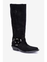 Semišové Kozačky Kovbojky Na Nízkém Podpatku S Dekorací model 21680168 Černé - Zazoo