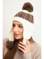 Dámska zimná vlnená čiapka s bambuľkami a ušnými klapkami K447 ecru + mocca