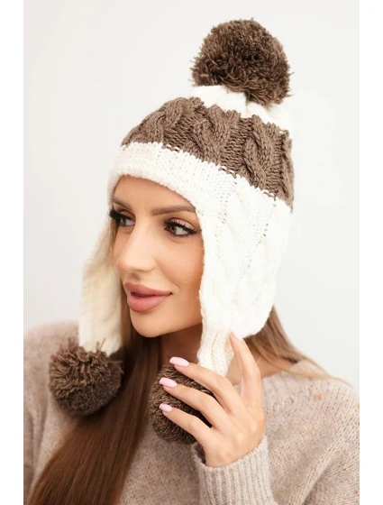 Dámska zimná vlnená čiapka s bambuľkami a ušnými klapkami K447 ecru + mocca
