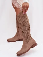 Dámské perforované vysoké kozačky na nízkém podpatku S.Barski HY61-8023 Béžové