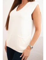 Dámsky viskózový sveter bez rukávov s vreckami a véčkovým výstrihom ecru