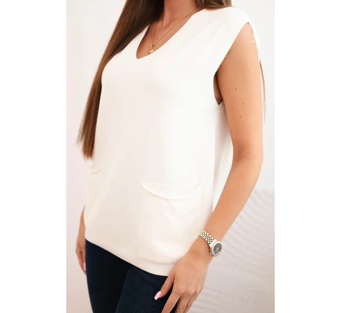 Dámsky viskózový sveter bez rukávov s vreckami a véčkovým výstrihom ecru