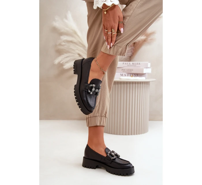 Damskie Skórzane Mokasyny Z Ozdobą CheBello 4369 Czarne