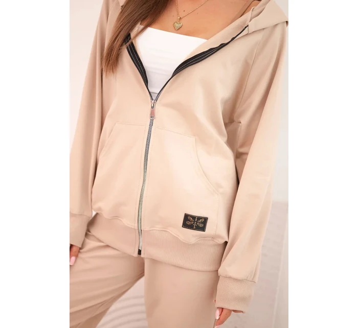 Dámská bavlněná souprava s kapucí a zipem béžová