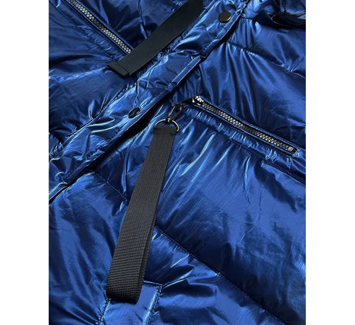 Dámska lesklá páperová bunda tmavomodrá (omdl-020)