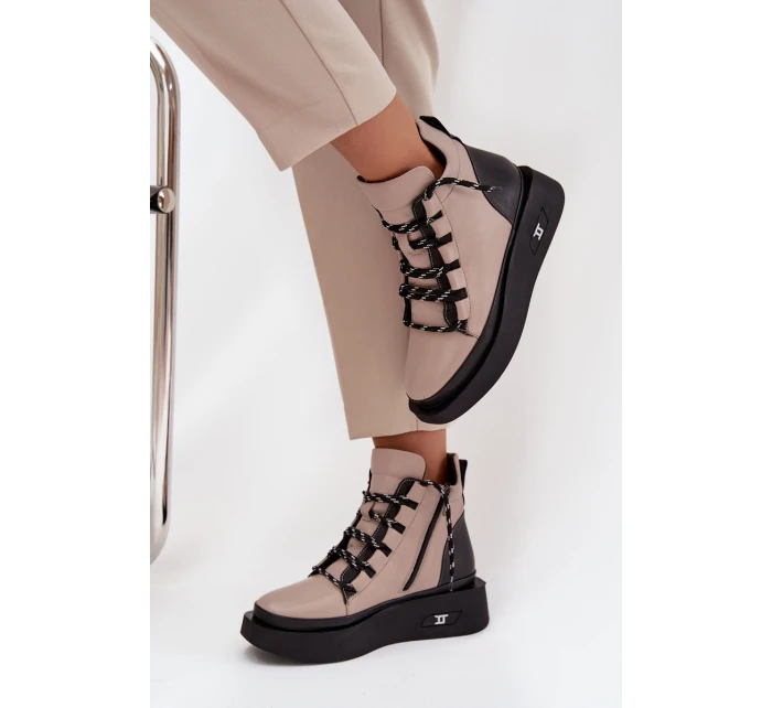 Kožené dámské kotníčkové boty na platformě s Béžové model 21712054 - Artiker Kožené dámské kotníčkové boty na platformě s Béžové model 21712054 - Artiker