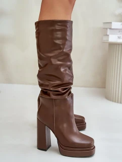 Topánky na podpätku a platforme s páskami zateplené hnedé Beridra