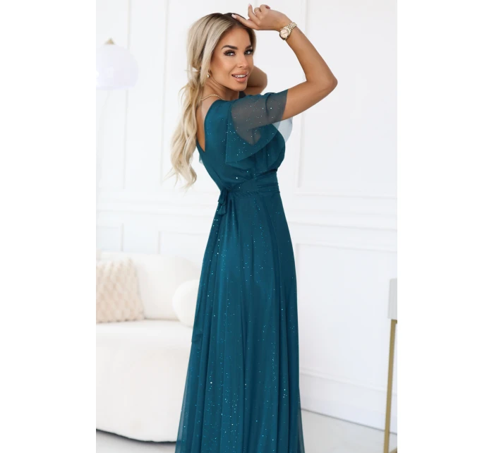dlouhé třpytivé šaty s výstřihem a krátkými rukávy lahvově zelené model 21412840 - numoco basic