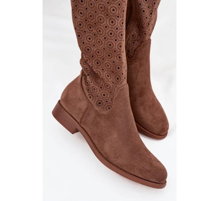 Kozaki Damskie Na Płaskim Obcasie Z Ażurowym Wzorem S.Barski HY52-531 Brązowe