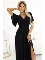 Černé dlouhé lesklé dámské šaty s  a výstřihem model 20864411 - numoco