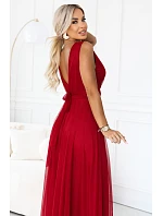 687-2 Elegantní maxi šaty s výstřihem do V a odhalenými zády – světle vínová