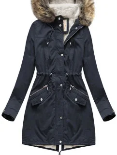 Tmavě modrá dámská zimní bunda parka s kožešinovou podšívkou a s kapucí model 21242018 - Libland