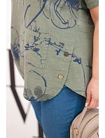 Dámske bavlnené Plus veľkosť blúzka s krátkymi rukávmi a vreckom Khaki Dámske bavlnené Plus veľkosť blúzka s krátkymi rukávmi a vreckom Khaki