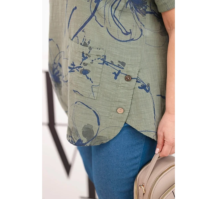 Dámske bavlnené Plus veľkosť blúzka s krátkymi rukávmi a vreckom Khaki Dámske bavlnené Plus veľkosť blúzka s krátkymi rukávmi a vreckom Khaki