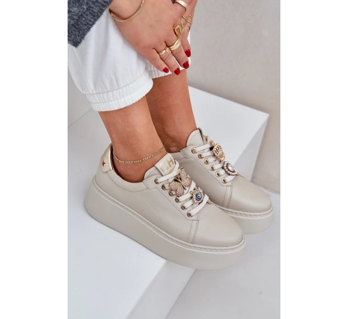 Damskie Skórzane Sneakersy Na Platformie Z Ozdobami CheBello 4292 Jasnobeżowe